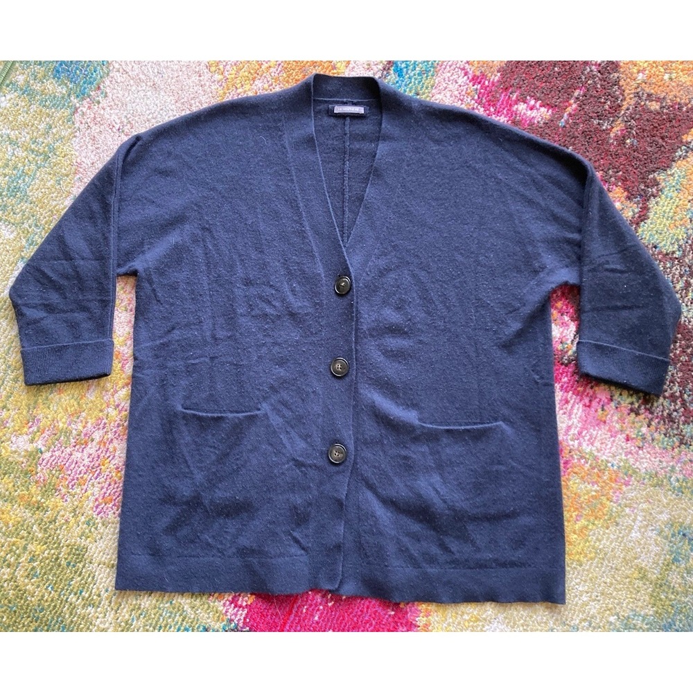 HEMISPHERE 100% Cashmere Cardigan Sweater Womens Size Medium Navy Blue Pockets